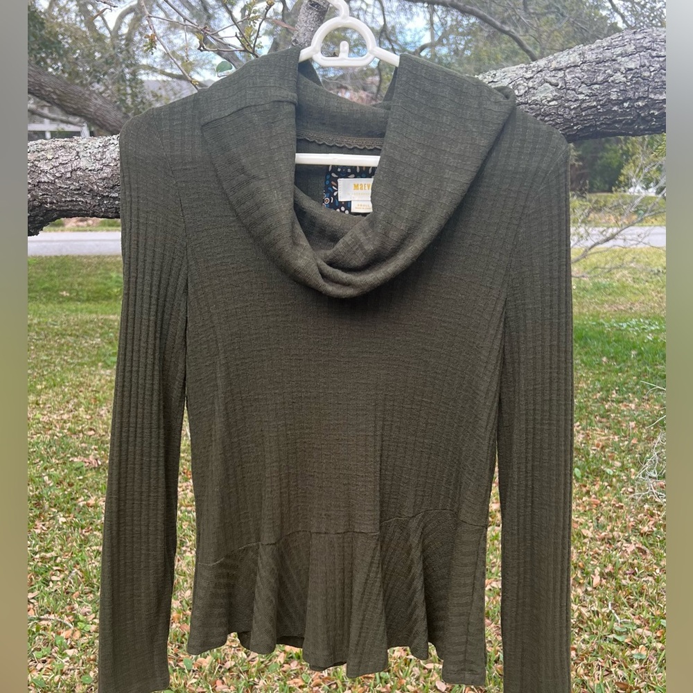 ANTHROPOLOGIE MAEVE DARK GREEN RIBBED KNIT COWL NECK PEPLUM  SWEATER TOP S